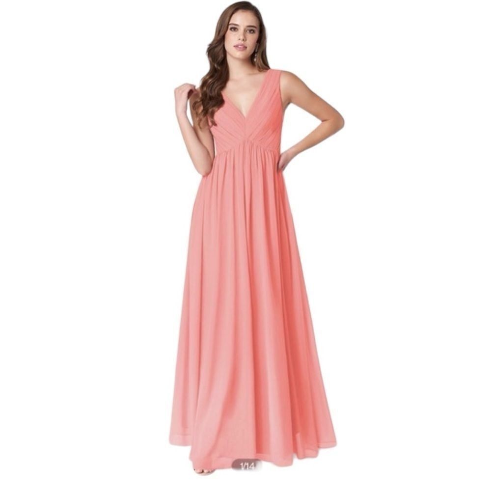 AZAZIE RANVIEA-Line V-Neck Pleated Chiffon Floor-Length Dress Coral